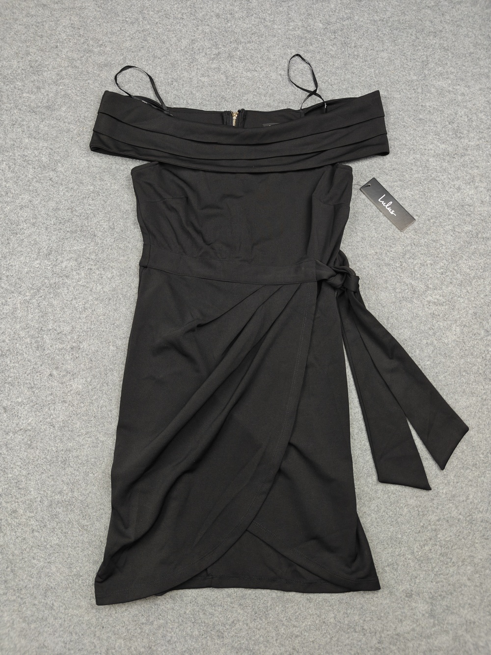 Lulus Dress Womens Medium Black Off The Shoulder Wrap Bodycon Pencil Knee Length